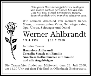 Todesanzeige von Werner Ahlbrandt von OFFENBACH-POST/HANAU-POST