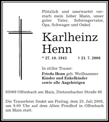 Todesanzeige von Karlheinz Henn von OFFENBACH-POST/HANAU-POST