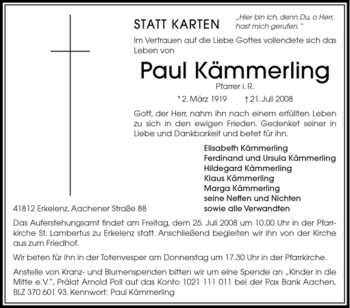 Todesanzeige von Paul Kämmerling von OFFENBACH-POST/HANAU-POST