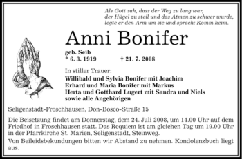 Todesanzeige von Anni Bonifer von OFFENBACH-POST/HANAU-POST