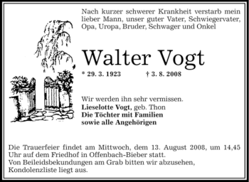 Todesanzeige von Walter Vogt von OFFENBACH-POST/HANAU-POST