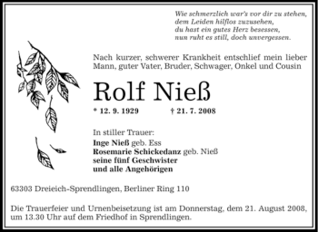 Todesanzeige von Rolf Nieß von OFFENBACH-POST/HANAU-POST