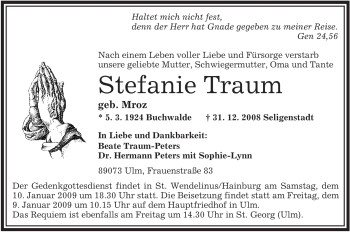 Todesanzeige von Stefanie Traum von OFFENBACH-POST/HANAU-POST
