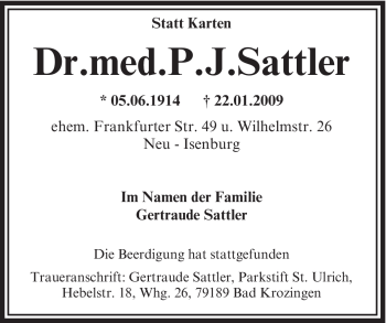 Todesanzeige von P. J. Sattler von OFFENBACH-POST/HANAU-POST