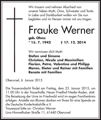 Todesanzeige von Frauke Werner von Offenbach
