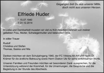 Todesanzeige von Elfriede Huder von Offenbach