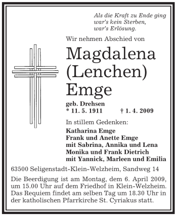 Todesanzeige von Magdalena Emge von OFFENBACH-POST/HANAU-POST