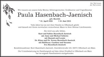 Todesanzeige von Paula Hasenbach-Jaenisch von Offenbach