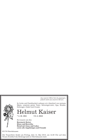Todesanzeige von Helmut Kaiser von OFFENBACH-POST/HANAU-POST