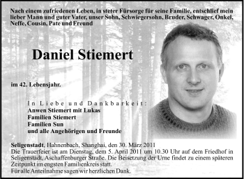 Todesanzeige von Daniel Stiemert von OFFENBACH-POST/HANAU-POST