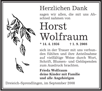 Todesanzeige von Horst Wolfraum von OFFENBACH-POST/HANAU-POST