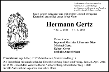 Todesanzeige von Hermann Gertz von Offenbach