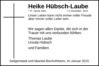 Todesanzeige von Heike Hübsch-Laube von Offenbach