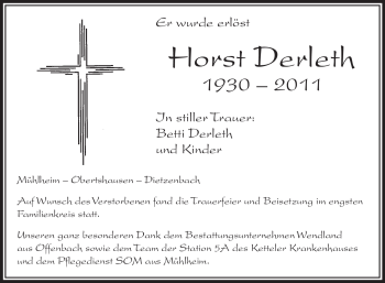 Todesanzeige von Horst Derleth von OFFENBACH-POST/HANAU-POST