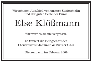 Todesanzeige von Else Klößmann von OFFENBACH-POST/HANAU-POST