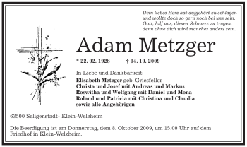 Todesanzeige von Adam Metzger von OFFENBACH-POST/HANAU-POST