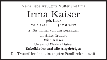 Todesanzeige von Irma Kaiser von OFFENBACH-POST/HANAU-POST