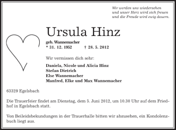 Todesanzeige von Ursula Hinz von OFFENBACH-POST/HANAU-POST
