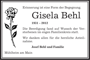Todesanzeige von Gisela Behl von OFFENBACH-POST/HANAU-POST