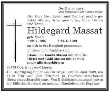 Todesanzeige von Hildegard Massat von OFFENBACH-POST/HANAU-POST