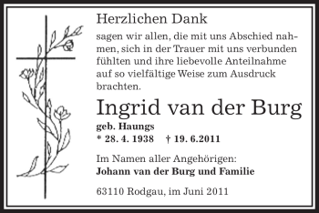 Todesanzeige von Ingrid van der Burg von OFFENBACH-POST/HANAU-POST