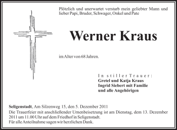 Todesanzeige von Werner Kraus von OFFENBACH-POST/HANAU-POST