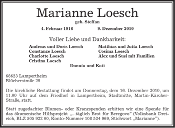 Todesanzeige von Marianne Loesch von OFFENBACH-POST/HANAU-POST