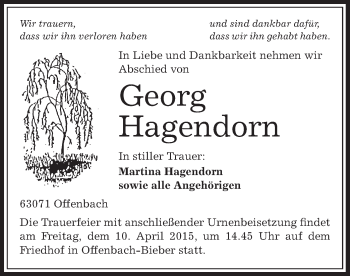 Todesanzeige von George Hagendorn von Offenbach