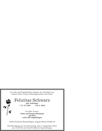 Todesanzeige von Felizitas Schwarz von OFFENBACH-POST/HANAU-POST