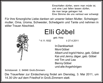 Todesanzeige von Elli Göbel von OFFENBACH-POST/HANAU-POST