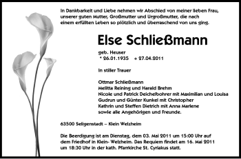 Todesanzeige von Else Schließmann von OFFENBACH-POST/HANAU-POST