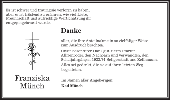Todesanzeige von Franziska Münch von OFFENBACH-POST/HANAU-POST
