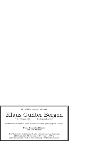 Todesanzeige von Klaus Günter Bergen von OFFENBACH-POST/HANAU-POST