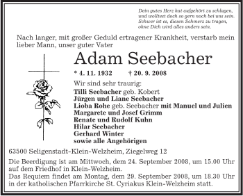 Todesanzeige von Adam Seebacher von OFFENBACH-POST/HANAU-POST