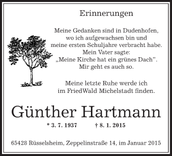Todesanzeige von Günther Hartmann von Offenbach