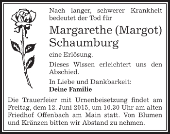 Todesanzeige von Margarethe Schaumburg von Offenbach