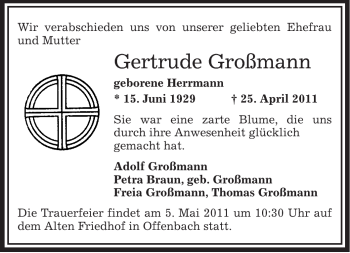 Todesanzeige von Gertrude Großmann von OFFENBACH-POST/HANAU-POST