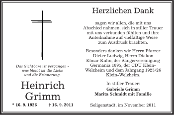 Todesanzeige von Heinrich Grimm von OFFENBACH-POST/HANAU-POST