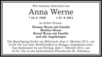 Todesanzeige von Anna Werne von OFFENBACH-POST/HANAU-POST