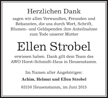 Todesanzeige von Ellen Strobel von Offenbach