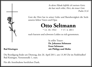 Todesanzeige von Otto Seltmann von OFFENBACH-POST/HANAU-POST