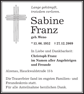 Todesanzeige von Sabine Franz von OFFENBACH-POST/HANAU-POST