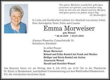 Todesanzeige von Emma Morweiser von OFFENBACH-POST/HANAU-POST