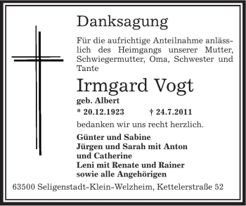 Todesanzeige von Vogt Irgard von OFFENBACH-POST/HANAU-POST