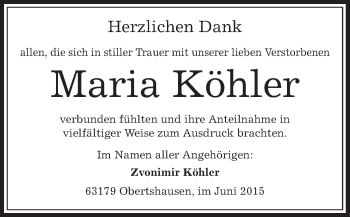 Todesanzeige von Maria Köhler von Offenbach