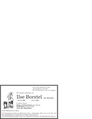 Todesanzeige von Ilse Borstel von OFFENBACH-POST/HANAU-POST
