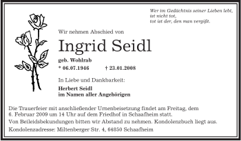 Todesanzeige von Ingrid Seidl von OFFENBACH-POST/HANAU-POST