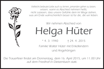 Todesanzeige von Helga Hüter von Offenbach