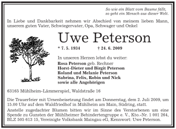 Todesanzeige von Uwe Peterson von OFFENBACH-POST/HANAU-POST