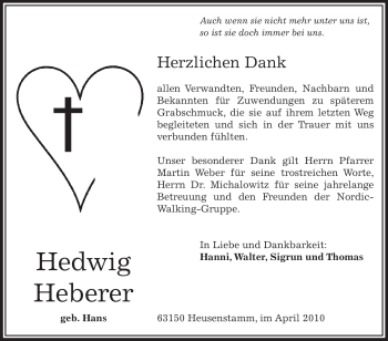 Todesanzeige von Hedwig Heberer von OFFENBACH-POST/HANAU-POST